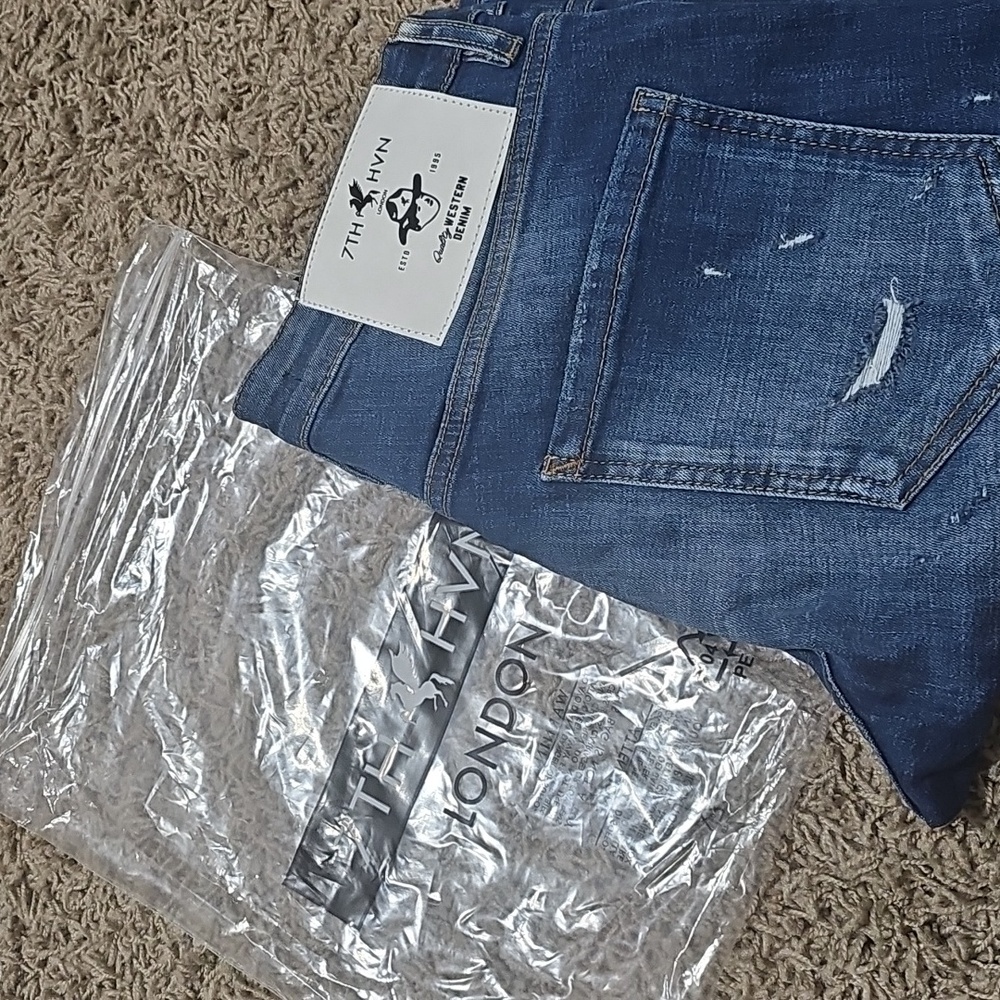 NWT 7TH HVN Jean Shorts Distressed Ripped Stretch Blue Denim 36 Jorts Stretch - Picture 7 of 7